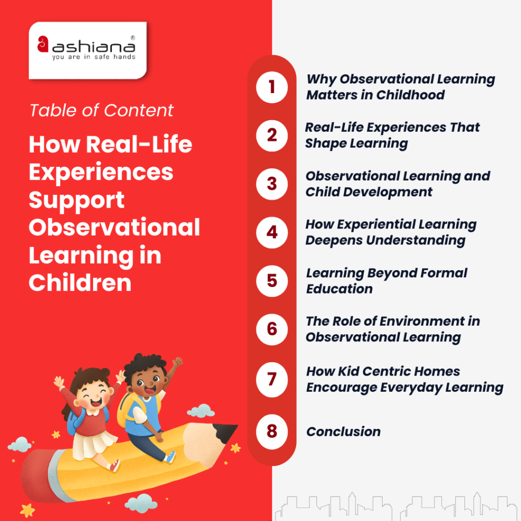 Children learn far more from what they see than what they are told. Observational learning helps children develop social, cognitive, and life skills by watching, imitating, and understanding the actions of people and environments around them. Imagine a child helping set the dining table after watching their parents do it every day. Or a young learner learning how to greet guests simply by observing family interactions. These seemingly small moments are powerful examples of observational learning in action. Children are natural observers. Long before they fully understand instructions, they watch, absorb, and imitate behaviors they see around them. From communication styles and social etiquette to problem-solving and daily routines, many important lessons are acquired through observation. This makes real-life experiences an essential part of children's learning, particularly during the early years of growth and development. Why Observational Learning Matters in Childhood Unlike traditional instruction, learning through observation happens naturally. Children learn by watching parents, teachers, siblings, peers, and even their surroundings. Research in developmental psychology suggests that observation helps children understand not only what people do but also why they do it. As a result, children begin to develop social awareness, decision-making abilities, and practical life skills. This process is particularly valuable because it combines experience, imitation, and understanding, three essential components of effective learning. Real-Life Experiences That Shape Learning Real-world experiences provide countless opportunities for children to observe and learn. Some common examples include: Watching parents solve everyday problems Observing older children during group activities Learning social behavior through peer interactions Understanding responsibility through household routines Picking up communication habits through conversations These experiences create meaningful learning moments that often leave a lasting impression. The Connection Between Observational Learning and Child Development Building Social Understanding Many social behaviors are learned by watching others. Children observe how adults communicate, cooperate, and respond to different situations. Through this process, they begin to develop: Empathy Respect for others Communication skills Social awareness Relationship-building abilities This makes social learning a key contributor to healthy child development. Strengthening Cognitive Skills Observation encourages children to pay attention, process information, and apply what they learn. These activities play an important role in cognitive development in children. When children observe cause-and-effect relationships, decision-making processes, and problem-solving strategies, they begin to develop their own reasoning abilities and critical thinking habits. How Experiential Learning Deepens Understanding While observation is powerful on its own, its impact becomes even greater when paired with direct experience. This combination forms the foundation of experiential learning. When children observe an activity and then participate in it themselves, they gain a deeper understanding of what they have learned. For instance, a child who watches a gardening activity and then helps plant seeds gains firsthand insight into responsibility, patience, and growth. Such experiences allow children to move beyond passive observation and actively engage with concepts, leading to stronger retention and more meaningful learning outcomes. Learning Beyond Formal Education Many of life's most important lessons are learned outside of classrooms. While schools provide academic foundations, real-world experiences provide context and application. Children learn valuable skills through: Community events Outdoor activities Group play Sports participation Family interactions These experiences help transform observation into practical knowledge and contribute significantly to early childhood education. The Role of Environment in Supporting Observational Learning A child's surroundings play a significant role in shaping what they observe every day. Environments that encourage exploration, interaction, and participation naturally create more learning opportunities. Children who grow up in engaging communities often benefit from exposure to diverse experiences, positive role models, and social interactions. Whether through outdoor play, group activities, or community programs, these environments support continuous child learning and help children develop valuable life skills beyond academics. How Kid Centric Homes Encourage Everyday Learning As parents increasingly recognize the importance of holistic growth, there is a growing demand for Kid Centric Homes that support learning beyond academics. Thoughtfully designed kid-friendly homes and family-centric communities create environments where children can engage with peers, explore new experiences, and learn through observation every day. Recognizing the importance of these experiences, Ashiana Housing has been a pioneer in introducing the Kid-Centric Homes concept in India. The company's philosophy goes beyond residential infrastructure by creating spaces that support learning, recreation, social interaction, and overall well-being throughout childhood. Projects such as Ashiana Amarah and Ashiana Aaroham, a Curated Kid-Centric Home, reflect this vision. With thoughtfully designed play areas, sports facilities, activity zones, community programs, and safe residential environments, these communities encourage children to learn through observation, participation, and real-life experiences. Such settings support holistic child development, helping children build confidence, independence, social awareness, and valuable life skills beyond academics. Conclusion Observational learning is one of the most powerful ways children acquire knowledge, develop skills, and understand the world around them. From everyday interactions to real-life experiences, observation helps children strengthen social awareness, improve problem-solving abilities, and support healthy child development. It also plays an important role in fostering social learning, enhancing cognitive development in children, and making learning more meaningful and lasting. As families increasingly focus on holistic growth, the environments children grow up in become equally important. Communities that encourage exploration, interaction, and experiential learning create valuable opportunities for children to observe, participate, and grow. By supporting curiosity and everyday learning, Kid Centric Homes can help nurture confident, independent, and future-ready individuals. FAQs What is observational learning in children? Observational learning is the process of learning by watching and imitating the actions and behaviors of others. Why is observational learning important for child development? It helps children develop social, emotional, cognitive, and communication skills through real-life experiences. How does learning through observation support cognitive development? It improves attention, memory, problem-solving, and critical thinking by encouraging children to process and apply information. What are some examples of observational learning? Children learning household tasks, social behaviors, communication habits, or new games by watching others are common examples. How do Kid Centric Homes support observational learning? They provide engaging environments where children can interact, explore, observe positive behaviors, and learn through everyday experiences.
