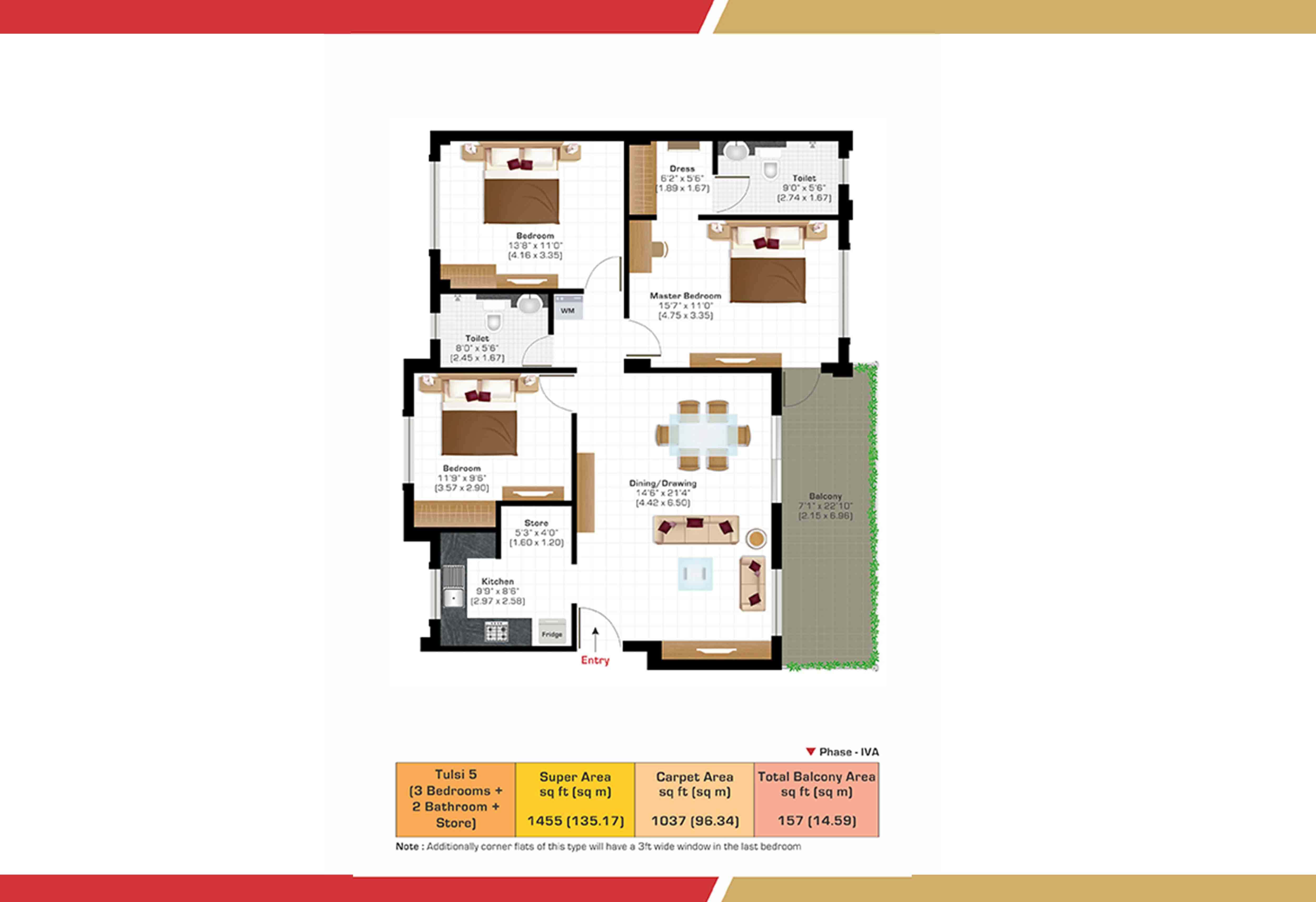 Tulsi 4 (3 Bedrooms + 2 Bathroom +Store)