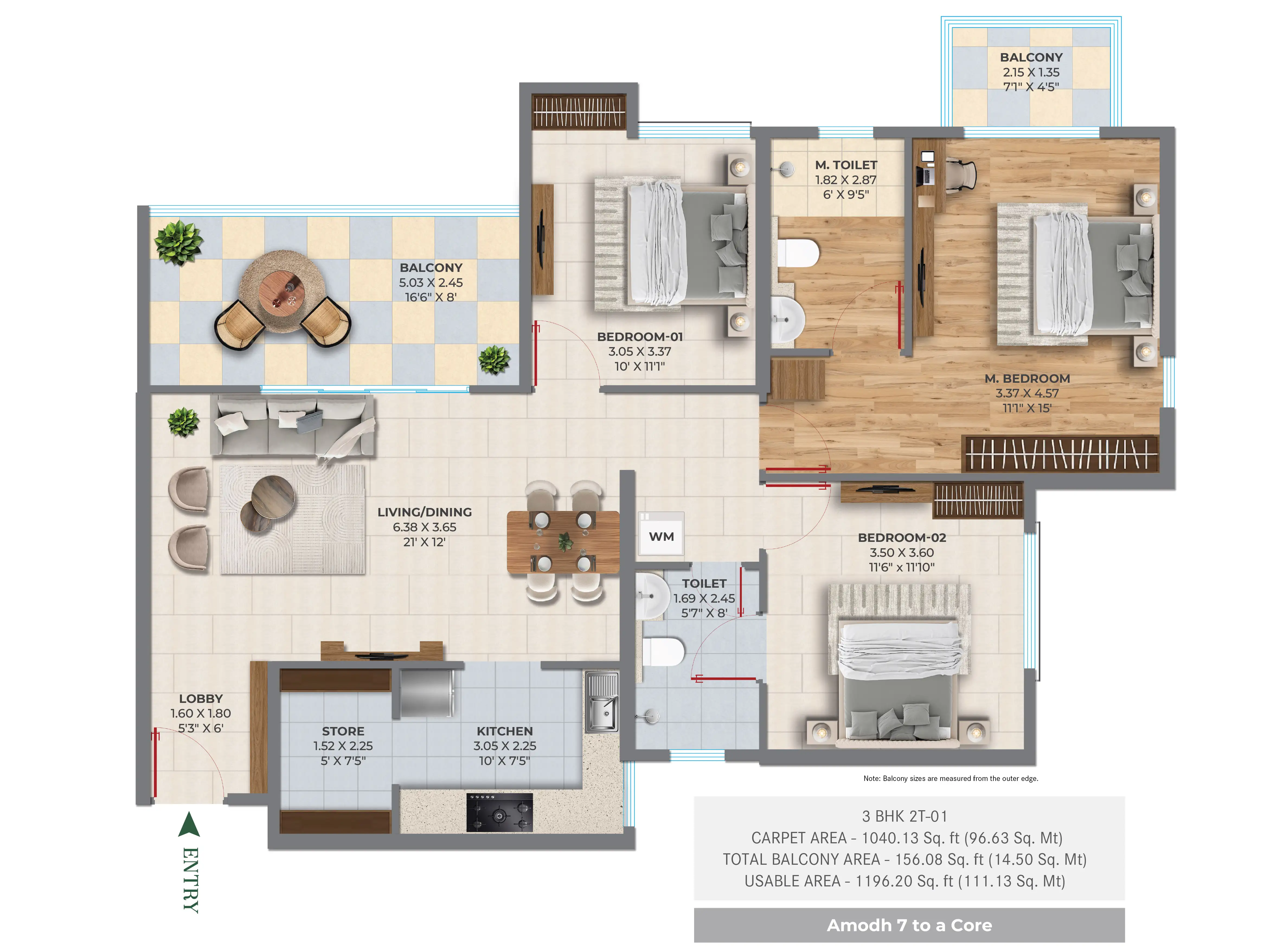 3 BHK + 2 T