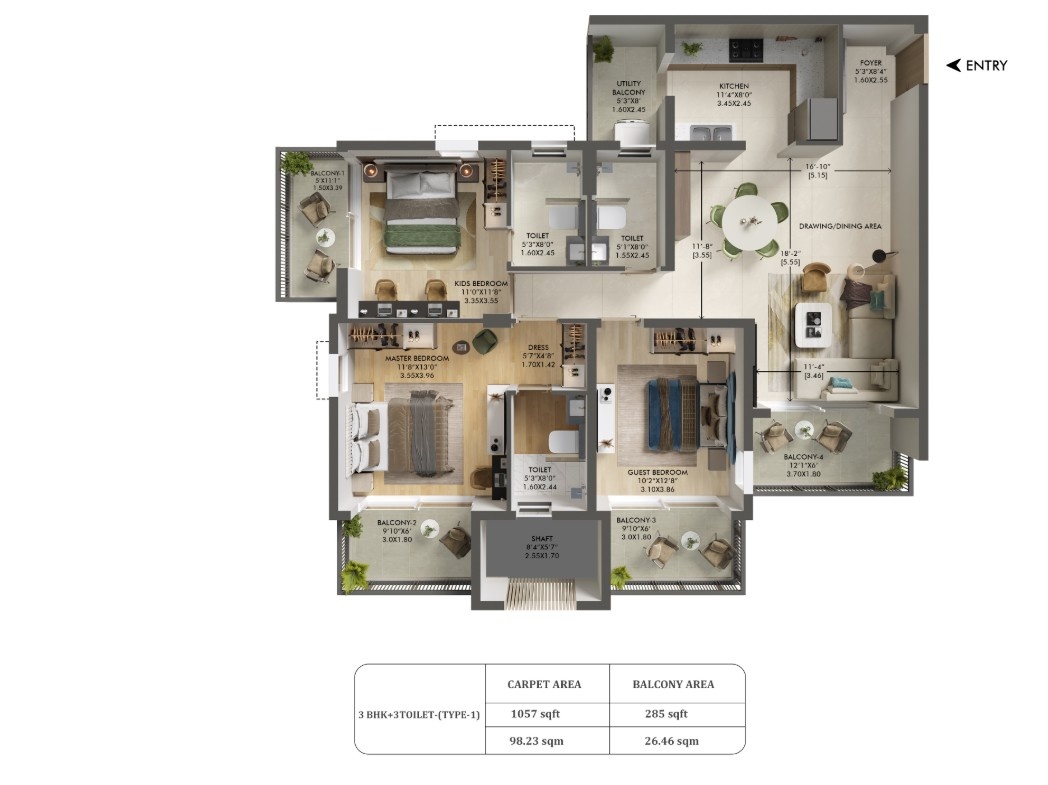 3 BHK - 3 T