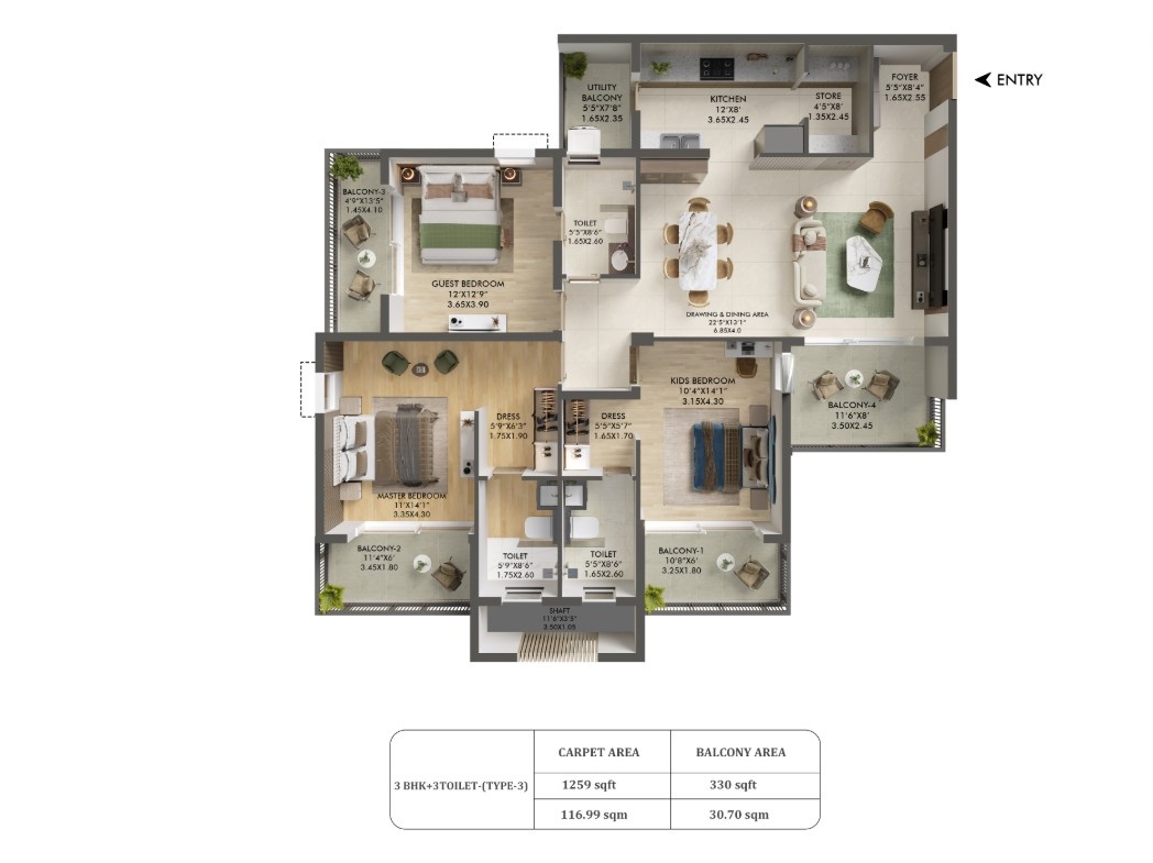 3 BHK - 3 T