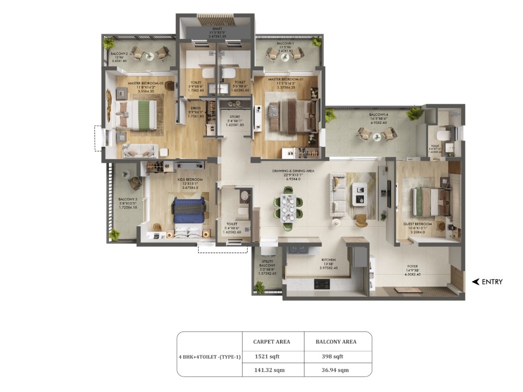 4 BHK + 4 T