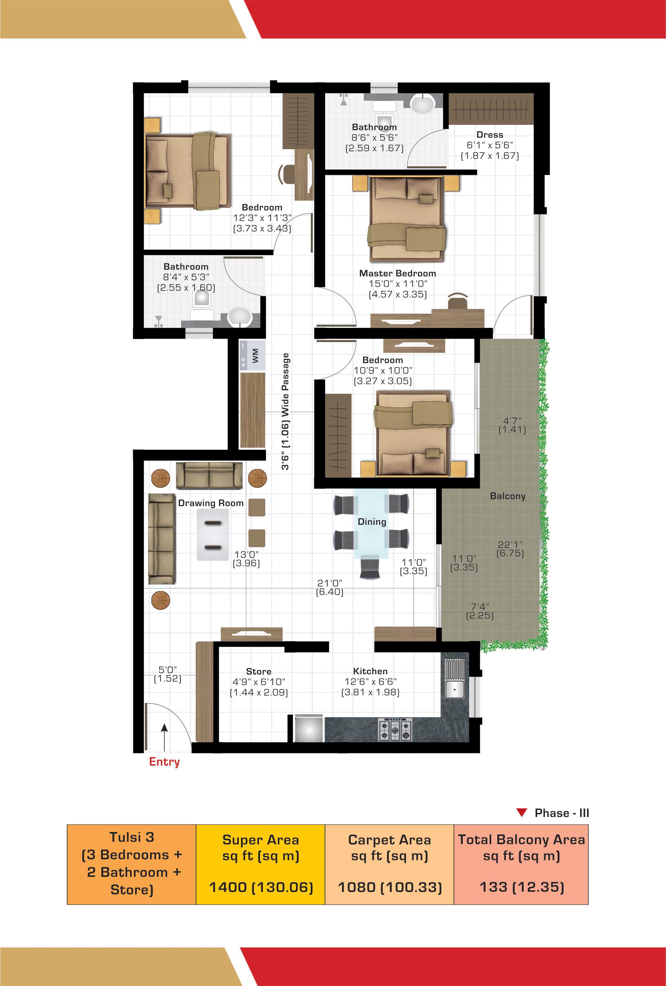 Tulsi 3 (3 Bedrooms + 2 Bathroom +Store)