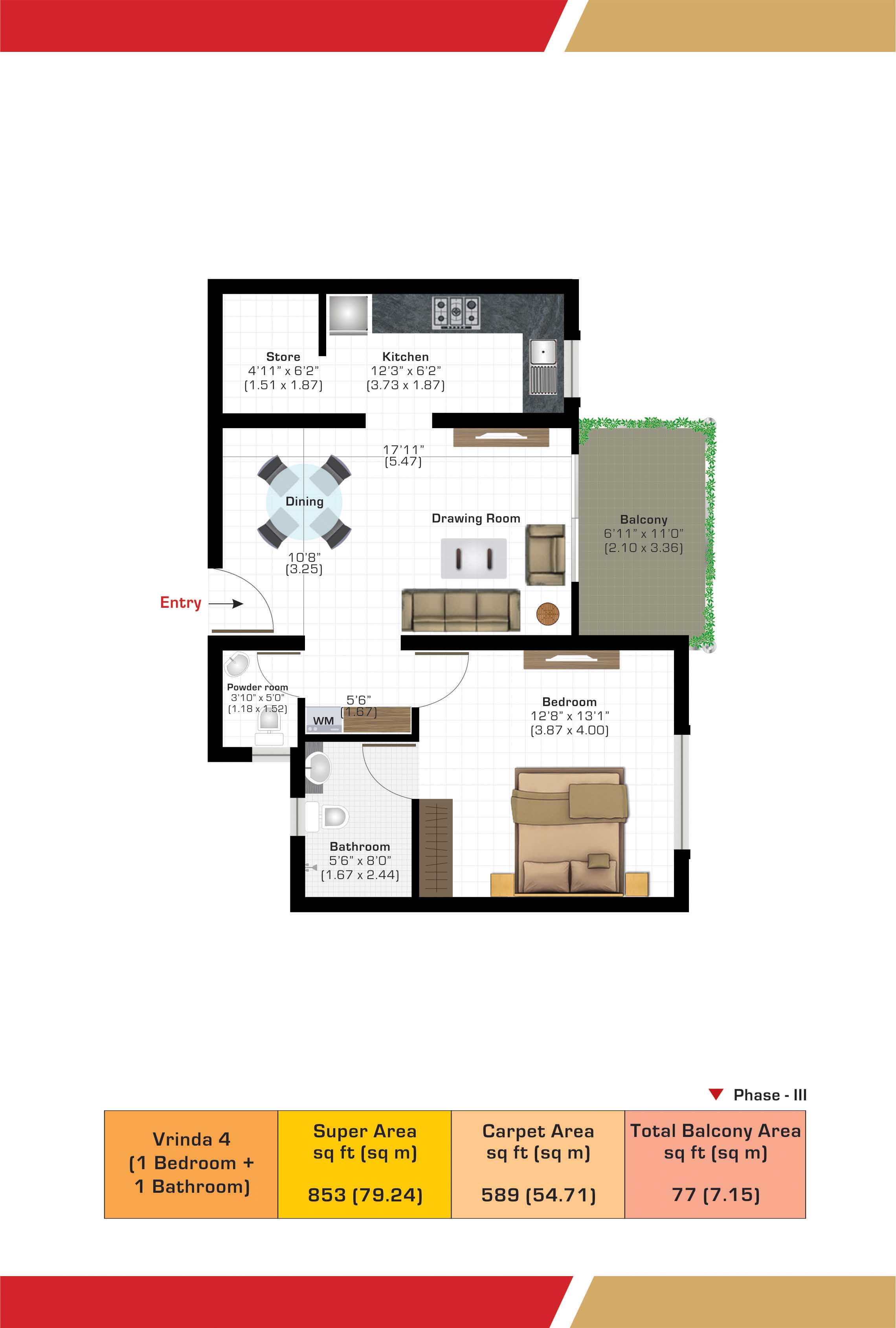 Vrinda 4 (1 Bedroom + 1 Bathroom)
